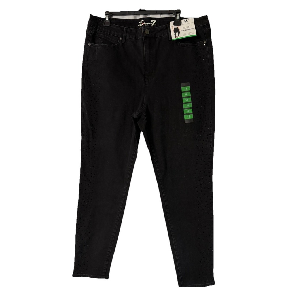 NWT Seven7 Womens Black Skinny Shine High‎ Rise Embellished Jeans Denim Plus 18